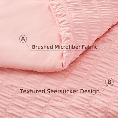 FUANNA Pink Queen Comforter Set 7 Pieces, Luxury Seersucker Queen Bed Set for All Seasons, Soft Bed in a Bag Queen Size with Comforter, Flat Sheet, Fitted Sheet, Pillowcases & Shams for Room Decor