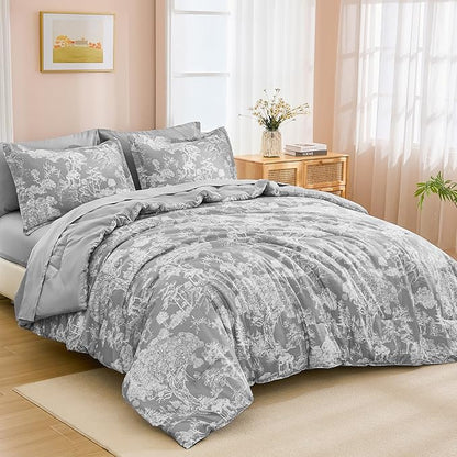 DJY Grey Comforter Set King, 7 Pieces Grey Botanical Comforters King Size Elegant Plants Print with Sheets Bed in a Bag Soft Microfiber Reversible Complete Bedding Sets for All Season