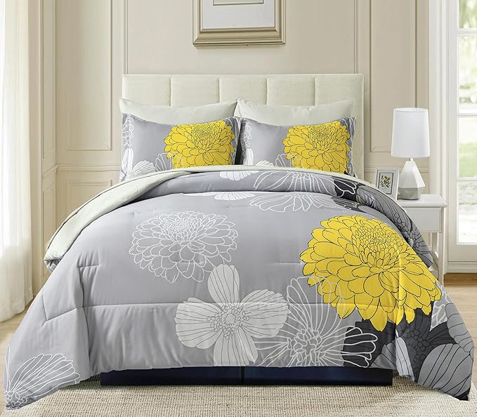 Yiran 7 Pieces Bed in a Bag Yellow Floral Comforter Set Flowers Comforter Sets Soft Microfiber Bedding Set Queen Size (1 Comforter 1 Flat Sheet 1 Fitted Sheet 2 Pillowshams 2 Pillowcases)