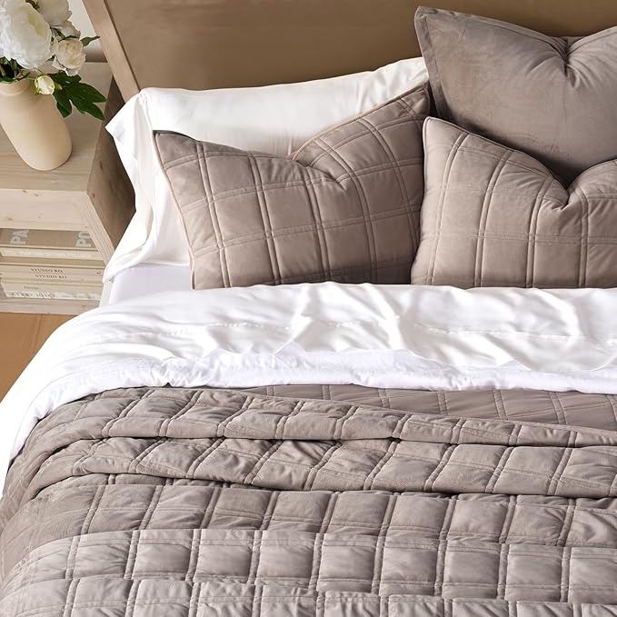 EVERGRACE 3 Pieces Luxurious Velvet Quilt King Size, Ultra Soft Bedspread Coverlet Set, Double Box Stitch Lightweight Velvet Comforter for All Season with 2 Shams, Truffle Taupe, 108"x96"