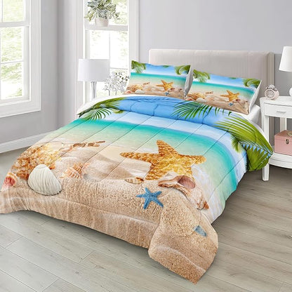 MOVE OVER Beach Themed Bedding Set Queen Blue Ocean Comforter Set Soft and Lightweight Hawaii Scenery Design Seashell Print Bedding Set 4 Pcs Tropical Beach Comforter Set for Bedroom