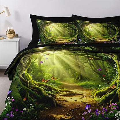 Nesker 5 Pcs Spring Comforter Set Twin Size, Green Forest Path Bedding Set for Kids and Adults, Magical Butterfly Nature Bed Sheet Sets with Fitted Sheet Pillowcase & Sham