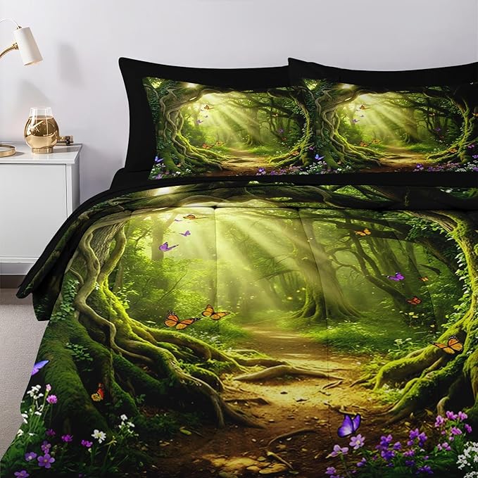 Nesker 7 Pcs Spring Comforter Set Full Size, Green Forest Path Bedding Set for Kids and Adults, Magical Butterfly Nature Bed Sheet Sets with Fitted Sheet 2 Pillowcases & 2 Shams