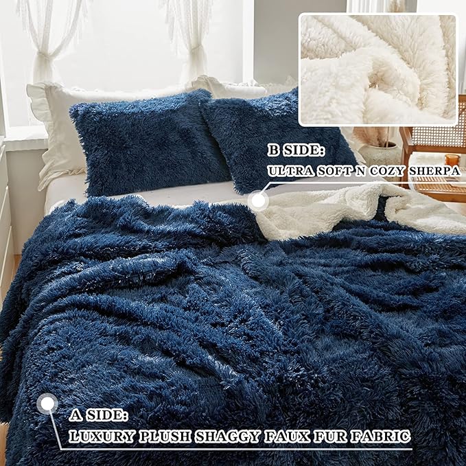 Joyreap 3-Piece Plush Shaggy Comforter Set, King Size Luxury Faux Fur Sherpa Reversible Bedding Comforter Set, Ultra Cozy Warm Fluffy Bedding Set for Winter (Navy, 100x88 inches)