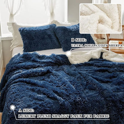 Joyreap 3-Piece Plush Shaggy Comforter Set, King Size Luxury Faux Fur Sherpa Reversible Bedding Comforter Set, Ultra Cozy Warm Fluffy Bedding Set for Winter (Navy, 100x88 inches)
