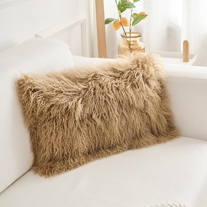 Genuine Mongolian Lamb Fur Pillow Cover – 12"x20" Rectangular Cushion Case – Soft Curly Wool Decorative Accent for Sofa, Bed, or Chair(Dark Beige)