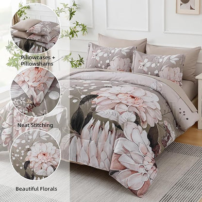 Drucon Brown Comforter Set King Size - 7 Pieces Floral Bedding Sets, Soft Botanical Flowers Comforter Bed in a Bag with Sheets, Pillowcases & Shams