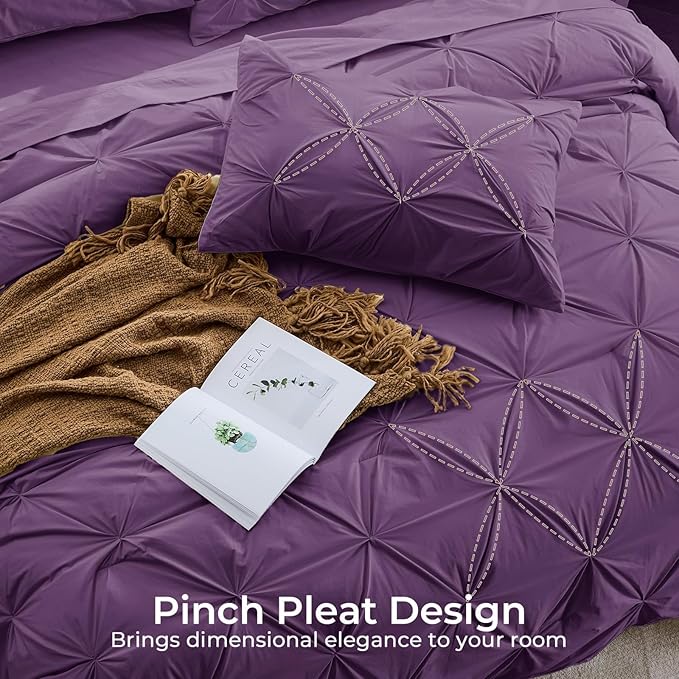Sasttie Twin XL Comforter Set, 5-Piece Bed in a Bag, Pintuck Bedding Sets for All Season, Includes Comforter, Flat Sheet, Fitted Sheet, Pillowcase and Pillowsham, Grape Purple
