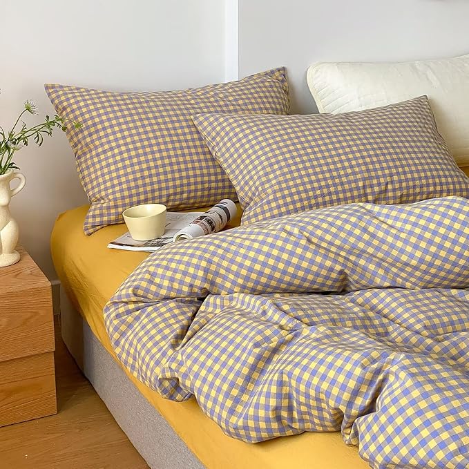 mixinni Yellow/Purple Gingham Comforter Set Full, Plaid Comforter Set 3 Pieces 1 Vintage Grid Comfoter with 2 Pillow Cases for All Seasons, Soft Fluffy Modern Grid Pattern Printed Bedding-Full Size