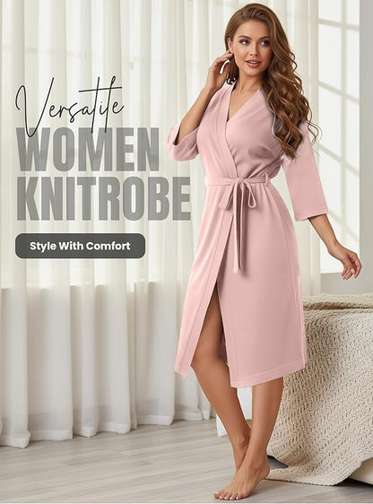 NY Threads Women's Robe Long Knit Bathrobe 3/4 Sleeves Soft Kimono Lightweight Loungewear