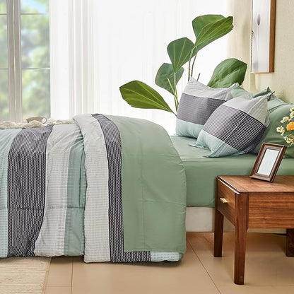 Andency Queen Comforter Set Sage Green - 7 Pieces Green Striped Bed in a Bag, Soft Microfiber All Season Patchwork Bedding Set with Comforter, Fitted & Flat Sheet, Pillowcases & Shams