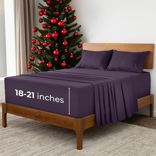 Mellanni Extra Deep California King Sheets - 4 PC Iconic Collection Bedding - Hotel Luxury, Ultra Soft, Cooling Bed Sheets - Wrinkle, Fade, Stain Resistant (Cal King, Purple)