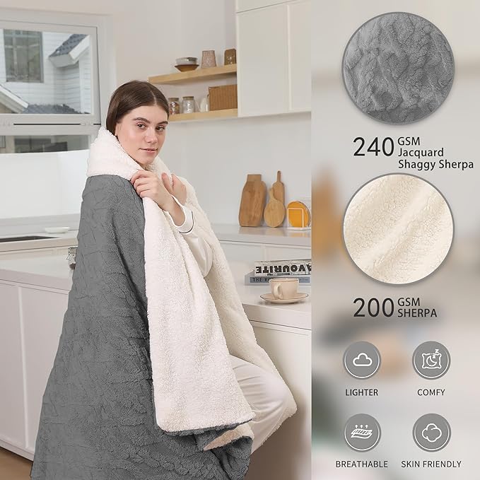 Electric Heated Blanket Twin Size 62" x 84" - Fluffy Ultra Soft Electric Blanket with 3D Stylish Design, 240g Plus 200g Sherpa, 5 Fast Heating Levels & 10 Hours Auto Off, Machine Washable, Gray