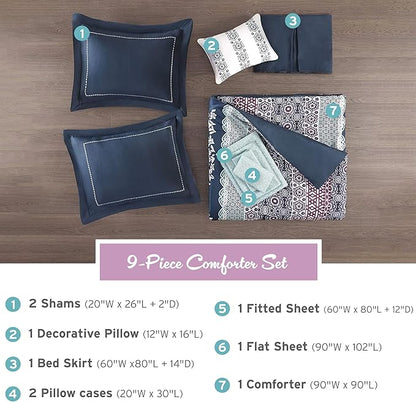 Intelligent Design Complete Bed In A Bag Casual Boho Comforter with Sheet Set Decorative Pillow, All Season Bedding Set, Queen, Loretta Navy 9 Piece