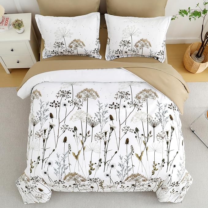 Yiran Khaki Floral Comforter Set King Size, 7 Piece Dandelion Botanical Plant Comforter Bedding Set, Bed in a Bag King, Soft Microfiber Complete Bedding Set with Sheets for All Season