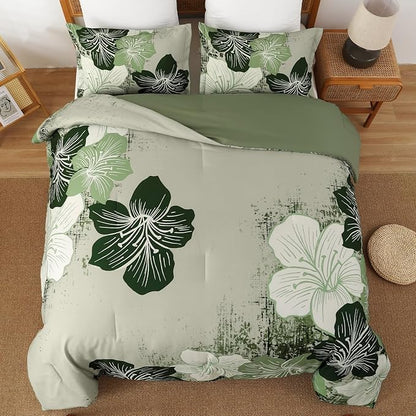 Menghomeus Floral Comforter Set King Ombre Green Bedding Lightweight Microfiber Bed Comforter for All Season, 3 Piece Flowers Comforter with 2 Pillowcases