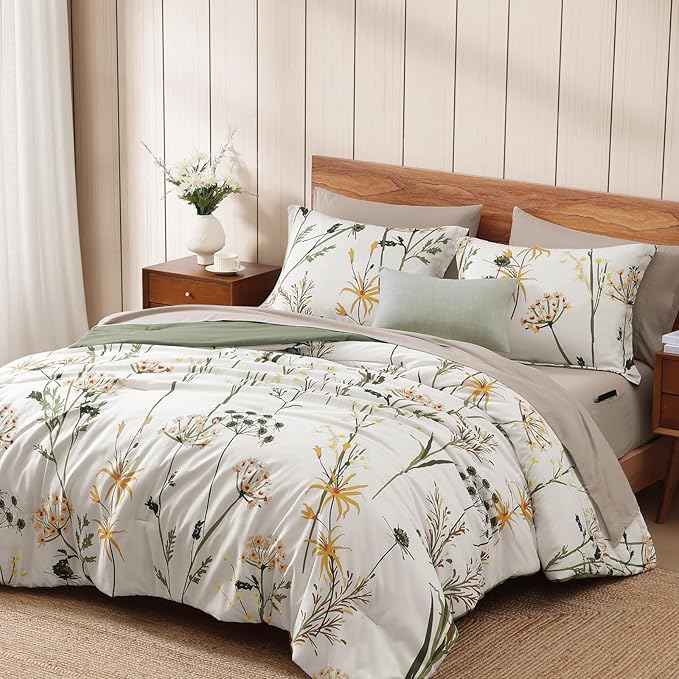 WRENSONGE King Size Comforter Set-7 Pieces Botanical Dandelion Bed in a Bag with Flowers Pattern, Soft Floral Complete Bedding Set with Sheets for All Season