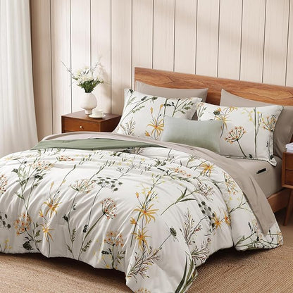 WRENSONGE King Size Comforter Set-7 Pieces Botanical Dandelion Bed in a Bag with Flowers Pattern, Soft Floral Complete Bedding Set with Sheets for All Season