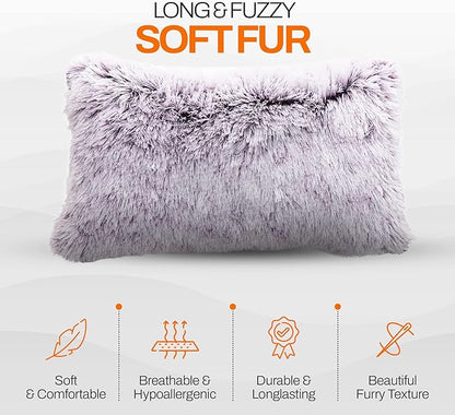 Cheer Collection Throw Pillows for Couch and Bed, Soft Shaggy Throw Pillows with Inserts Included, Cozy Long Hair Faux Fur Pillows - Set of 2-12" x 20" - Purple
