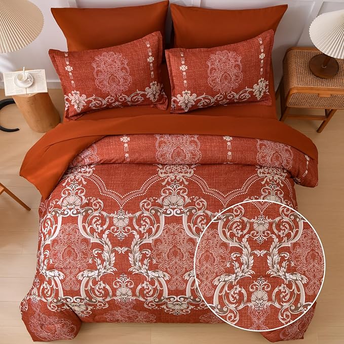 Mybedsoul 7 Pieces Terracotta Comforter Set Queen Size, Damask Bed in a Bag for Queen Bed, Lightweight Microfiber Boho Bedding Sets with Comforter, Sheet, Pillowcases & Shams for All Season (90"x90")
