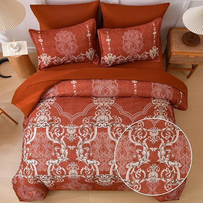 Mybedsoul 7 Pieces Terracotta Comforter Set Queen Size, Damask Bed in a Bag for Queen Bed, Lightweight Microfiber Boho Bedding Sets with Comforter, Sheet, Pillowcases & Shams for All Season (90"x90")