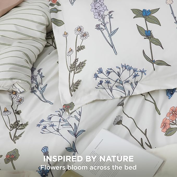 Bedsure Comforter Set Queen Size - Cute Floral Bedding Comforter Set, 3 Pieces, 1 Soft Reversible Coconut White Botanical Flowers Comforter and 2 Pillow Shams