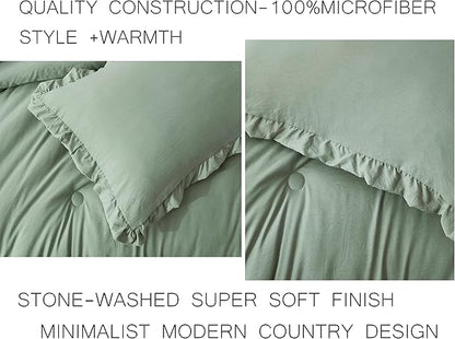 Chezmoi Collection Nora Sage Green Comforter Set Oversized Queen 3-Piece Lightweight Soft Stone-Washed Ruffled Shabby Chic Bedding for All Season