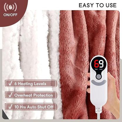 Heated Blanket Electric Blanket Full Size 72''x84'' with 9 Heating Levels, 1-10 Hour Auto Shut Off, Machine Washable, Flannel & Sherpa Soft Warming Blanket for Couch, Bed, Office - Brick Red