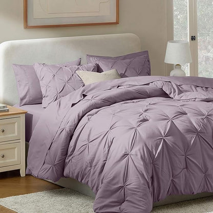 Nestl California King Comforter Set 7 Piece - Pintuck Cal King Comforter Set Dusty Purple, California King Bed in a Bag, All Season Bed Set with Flat Sheet and Fitted Sheet, Pillowcases and Shams