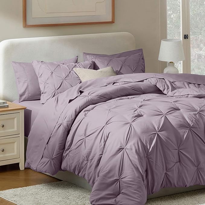 Nestl Queen Comforter Set 7 Piece - Pinch Pleated Comforters Queen Size Dusty Purple, Bed in a Bag Queen All Season, Queen Comforter Sets Bedding with Flat Sheet, Fitted Sheet, Pillowcases and Shams