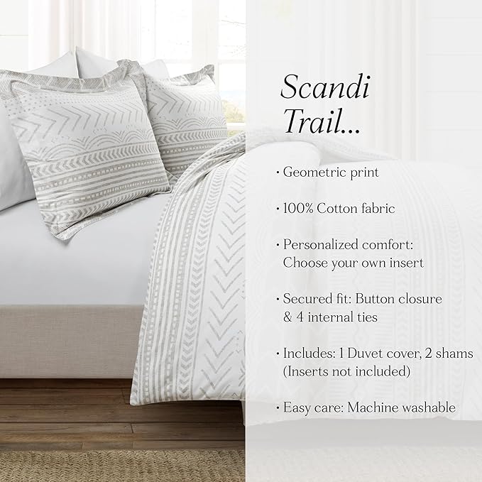 Lush Decor Hygge Geo Reversible 3 Piece Cotton Duvet Set, Full/Queen, Taupe & White