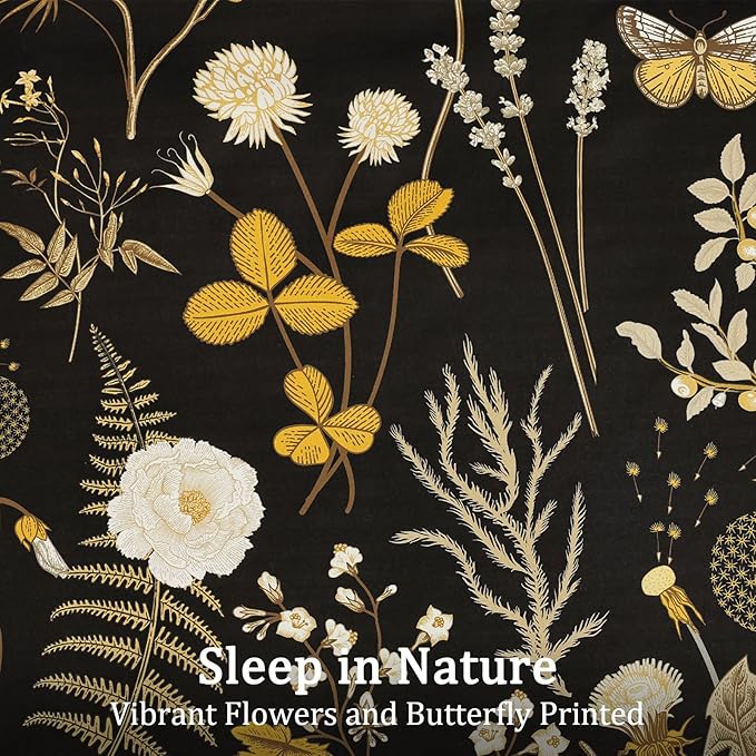 Yiran Queen Comforter Set, 7 Pieces Black Floral Soft Bedding Sets, Queen Bed in a Bag with Brown Botanical Flowers Winter Comforter, Sheets, Pillowcases & Shams
