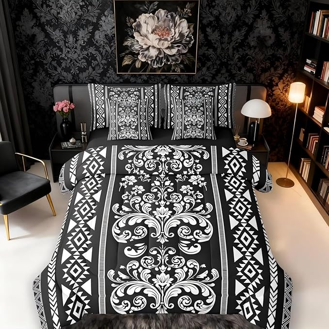Comforter Set Queen Size, Black and White Damask Aztec 7 Pcs Bedding for Kids and Adults, Baroque Western Gothic Floral Bed Sheet Sets with Fitted Sheet 2 Pillowcases & 2 Shams for Bedroom Bed Decor