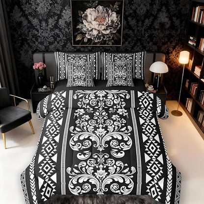 Comforter Set King Size, Black and White Damask Aztec 7 Pcs Bedding for Kids Adults, Antique Decor Western Baroque Gothic Bed Sheet Sets with Fitted Sheet 2 Pillowcases & 2 Shams for Bedroom Bed Decor
