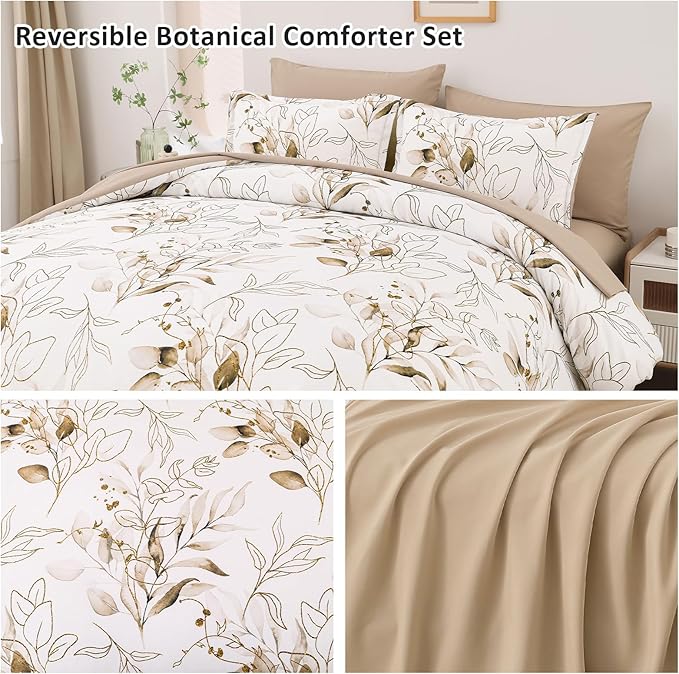 WONGS BEDDING Brown Comforter Set King Size, 7 Pieces Botanical Bed in a Bag Golden Leaves Bedding Set Soft Microfiber King (1 Comforter,2 Pillowcase,2 Pillow Shams,1 Flat Sheet,1 Fitted Sheet)