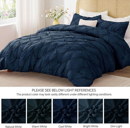 BEDELITE Navy King Size Comforter Set - 3 Pieces Boho Pintuck Bedding Comforter Sets, Lightweight Soft & Warm King Bedding Set with 2 Pillowcases for All Season