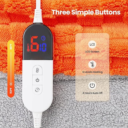 Heated Blanket, 50x60 Inch Electric Blanket, Throw Blanket with 6 Heat Settings and 1-4H Auto Off Timer, Machine Washable, Soft Flannel Fleece for Couches, Beds Office (Orange)