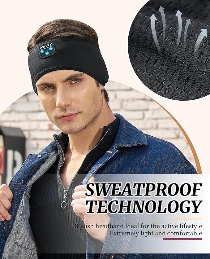 Navly Sleep Headphones, 10Hrs Sports Headband with Soft Cozy Earbuds Comfortable, Headphones Headband with Ultra-Thin HD Stereo Speakers Perfect for Workout,Running,Yoga,Travel