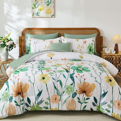 Anibedding 8Pieces King Size Comforter Set, Sage Green Watercolor Floral Queen Size Bed in a Bag Comforter Set with Pillowcase, Sheets for All Season