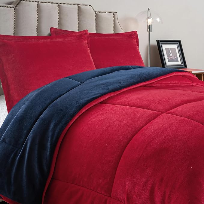 Petrichor Velvet Flannel Queen Comforter Set- Red and Navy Blanket,Luxury Fuzzy Heavy Bedding Set, 3 Pieces Plush Winter Bed Set with Comforter (90"x90") & 2 Pillow Shams (20"x26")