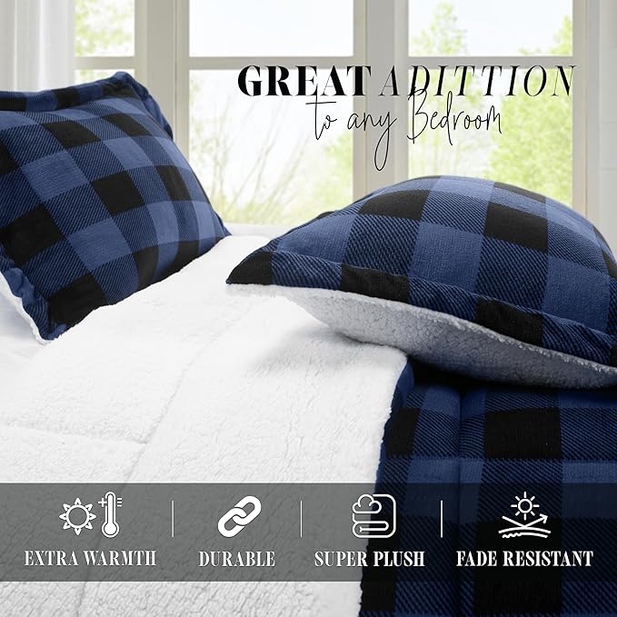 Elegant Comfort 3-Piece Buffalo Lodge-Plaid Comforter Set, Luxurious, Heavyweight, All Season, Down Alternative-Micromink Sherpa-Backing Reversible Micro-Suede, Soft and Plush, King, Blue