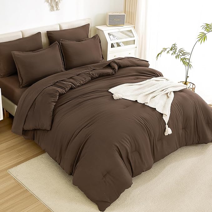 Litanika King Size Comforter Set Brown - 7 Pieces Bed in a Bag King Bedding Comforter Sets, Solid Lightweight Bed Set with Comforter, Sheets, Pillowcases & Shams