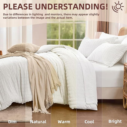 FUANNA Full Size Comforter Sets 7 Pieces, Luxury Seersucker Bed in a Bag Full for All Seasons, Soft Bed Sets with Comforter, Flat Sheet, Fitted Sheet, Pillowcases & Shams for Bedroom, White