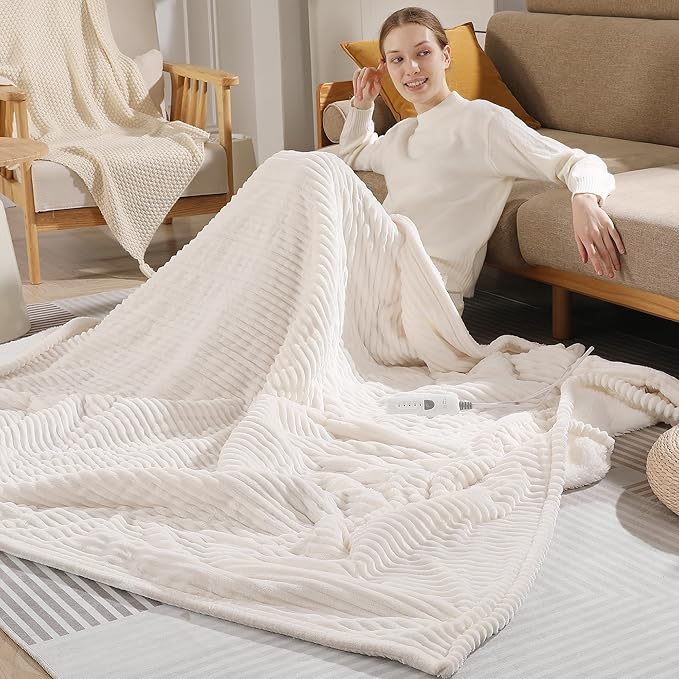 Electric Blanket Twin Heated Blanke 62"x84" Striped Flannel & Thick Sherpa, 5 Heat Settings & 10 Hour Auto Off with FCC/ETL Certified, Overheat Protection & Machine Washable, White