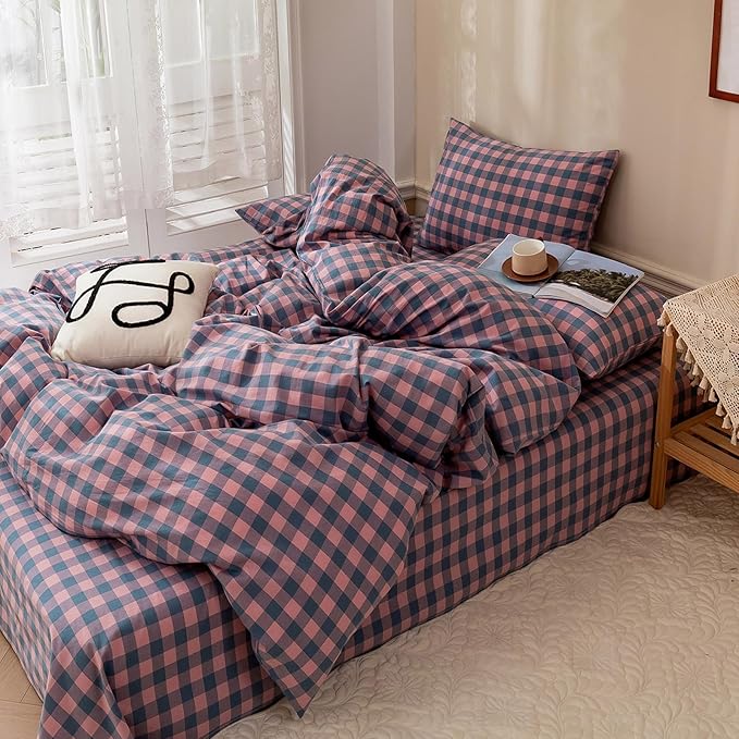 HighBuy King Size Comforter Set Gingham Bedding Set,Purple Grid Plaid Pattern Printed Comforter Set 3 Pieces Fluffy Comfortable, Vintage Checkered Boho Bedding Comforter with 2 Pillowcases