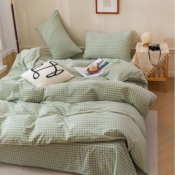 HighBuy Teen Green Blue Gingham Comforter Set Twin XL Size,Modern Cute Plaid Comforter Set Grid Checkered Pattern Printed Comforter with 2 Pillowcases Fluffy Boho Farmhouse Gingham Bedding Set