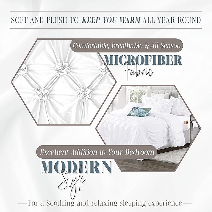 Elegant Comfort 12-Piece Bed-in-a-Bag, Ella Pleated Ruched Pintuck Comforter Set, 6-Piece Sheet Set Featuring Smart Pockets, Matching Decorative Pillows, All Season Bedding, California King, White
