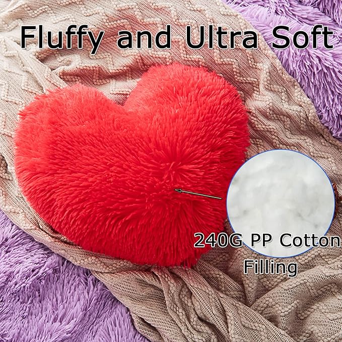MorroMorn Fluffy Heart Throw Pillows, Shaggy Decorative Pillow for Sofa Couch Bed, Cute Room Decor Decorations for Women Girls Kids (Red)