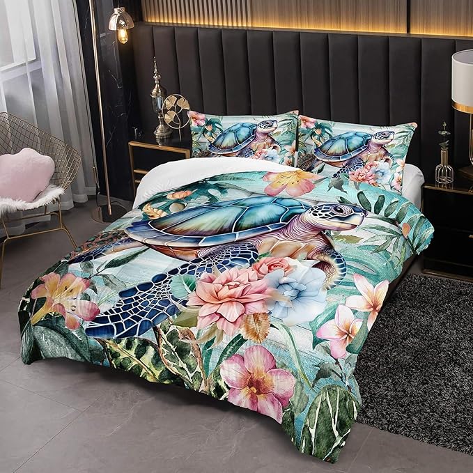 Spring Sea Turtle Comforter Set 3 Pcs Bedding Set King Size for Girls,Wooden Floral Tropical Plants Printed Quilts Set Lightweight Soft Microfiber Warm All Season with 2 Pillowcases