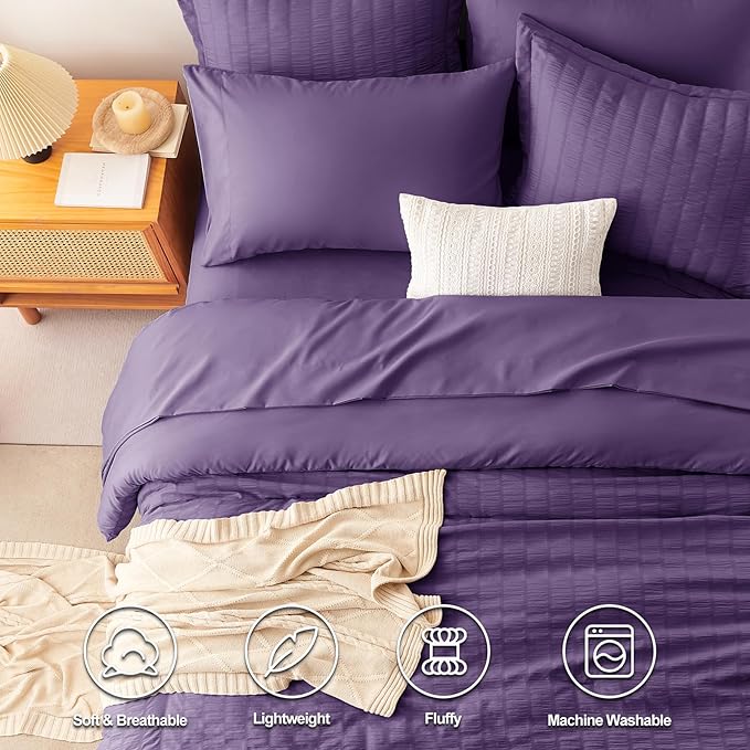 CozyLux King Size Comforter Set Purple Seersucker 7 Pieces Bed in a Bag King Comforter Set with Sheets, Luxury Soft Bedding Set with Down Alternative Comforter, Sheets, Pillowcases & Shams All Seasons